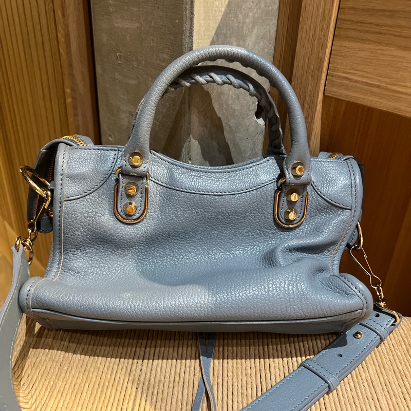 巴黎世家Balenciaga 霧霾藍金釦小山羊皮 機車包 mini尺寸-9