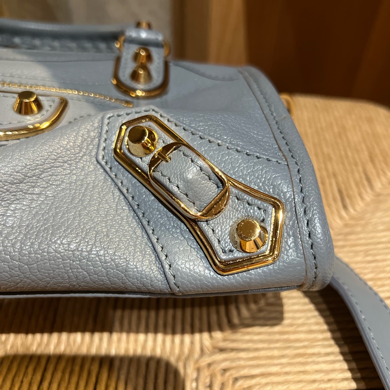 巴黎世家Balenciaga 霧霾藍金釦小山羊皮 機車包 mini尺寸-14