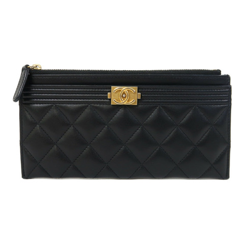 CHANEL 菱格羊皮皮革Zipper Long Wallet金扣長錢包黑色