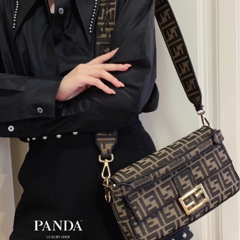 FENDI 芬迪 Baguette棕色FF提花布 經典老花法棍包 斜背包 肩背包  手提包-4