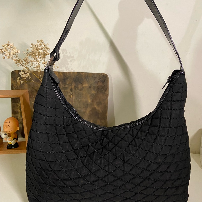 BALLY 黑色經典格菱紋布面/皮革 Hubo包-0