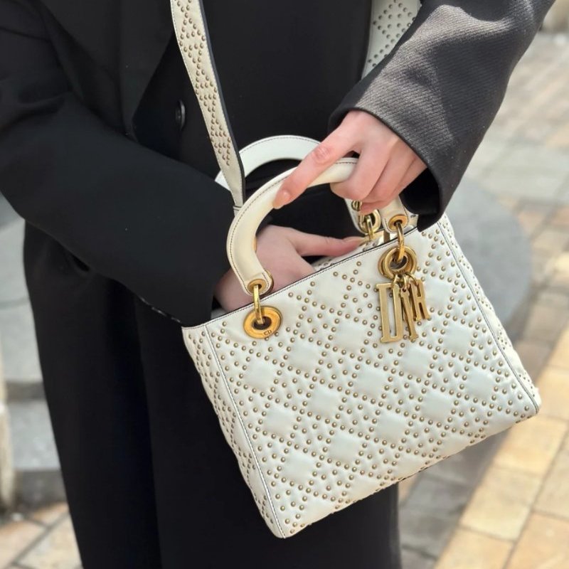 Dior 五格白金黛妃包 鉚釘寬肩帶-2