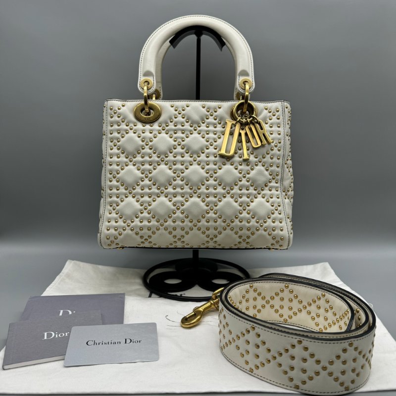 Dior 五格白金黛妃包 鉚釘寬肩帶-3