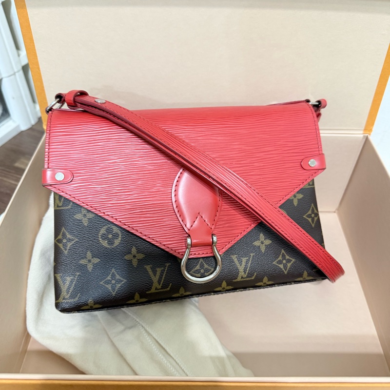 😍近新lv 經典老花拼接水波紋牛皮斜背包😀-7