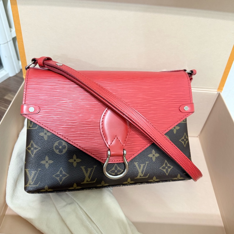 😍近新lv 經典老花拼接水波紋牛皮斜背包😀-8