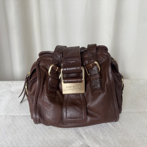 [已售]紀梵希Givenchy復古金扣波士頓手提肩背包，真皮咖啡棕色