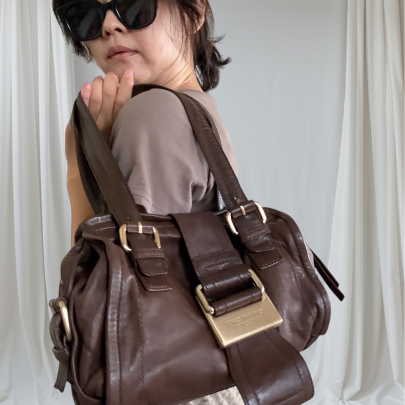 [已售]紀梵希Givenchy復古金扣波士頓手提肩背包，真皮咖啡棕色-4