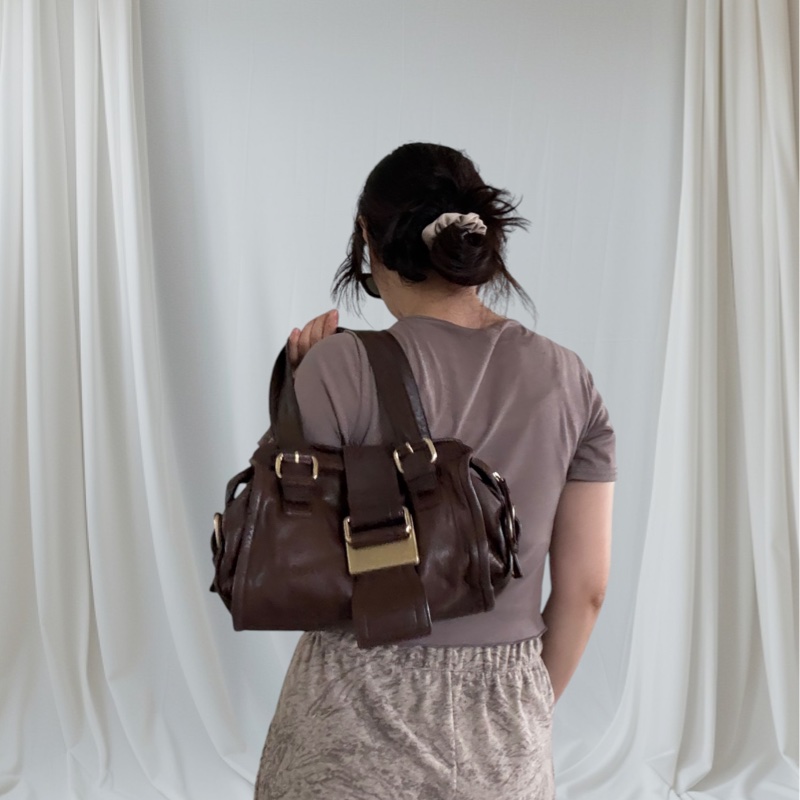 [已售]紀梵希Givenchy復古金扣波士頓手提肩背包，真皮咖啡棕色-5