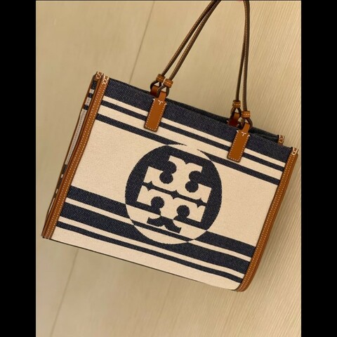 Tory Burch 帆布條纹托特包 沙灘包 肩背包 手提包 媽媽包 托特包