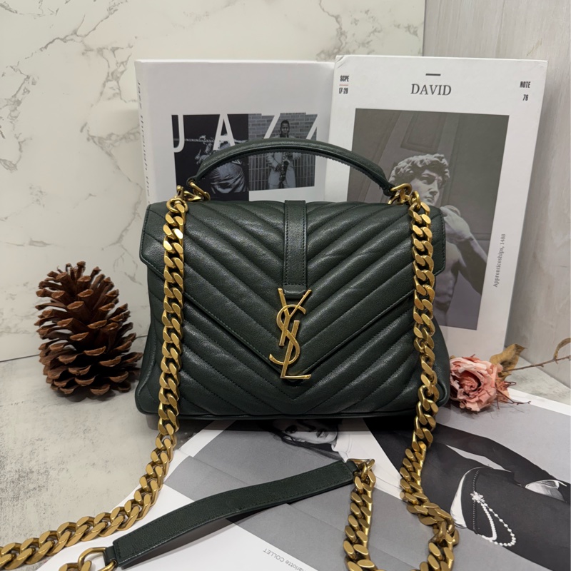 💚 YSL 聖羅蘭｜學院包 墨綠色💚 絕美冷門色💥 限定YSL郵差包 College Bag 中型 尬金🌟｜PopChill 拍拍圈