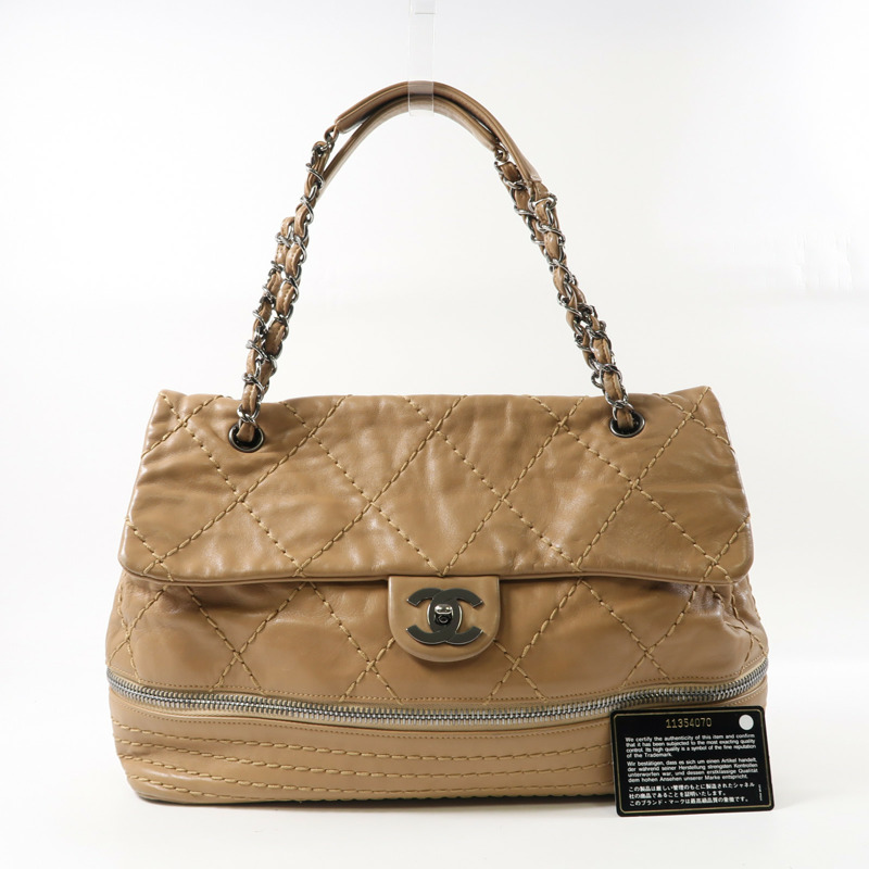 CHANEL 菱格牛皮皮革Shoulder Bag銀扣鏈帶肩背袋啡色-9