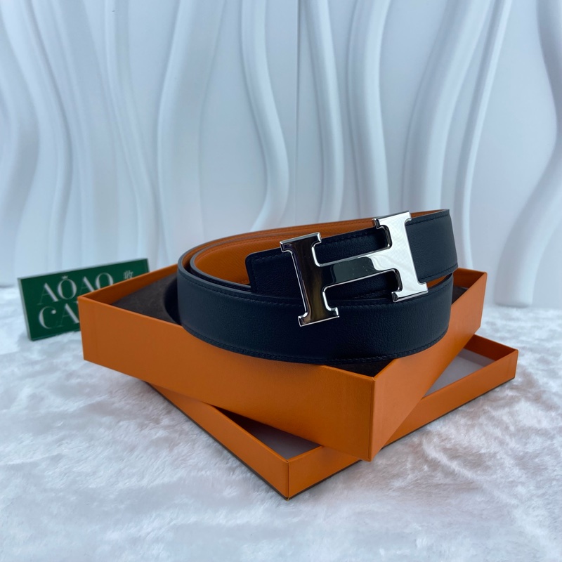 HERMES H 銀扣 黑色男士皮帶 85cm-0