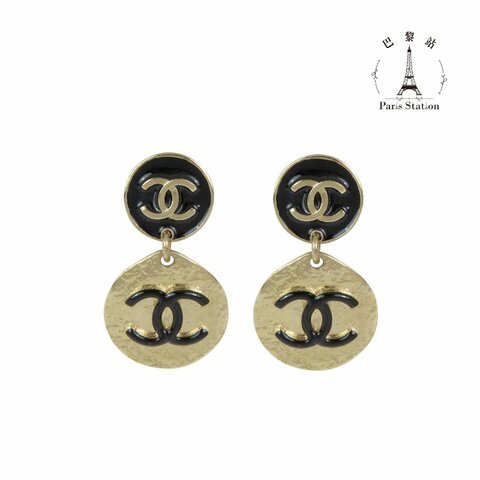 【巴黎站二手名牌專賣店】＊現貨＊CHANEL 香奈兒 真品＊AB8760 黑金雙C垂墜金圓牌黑雙C耳環