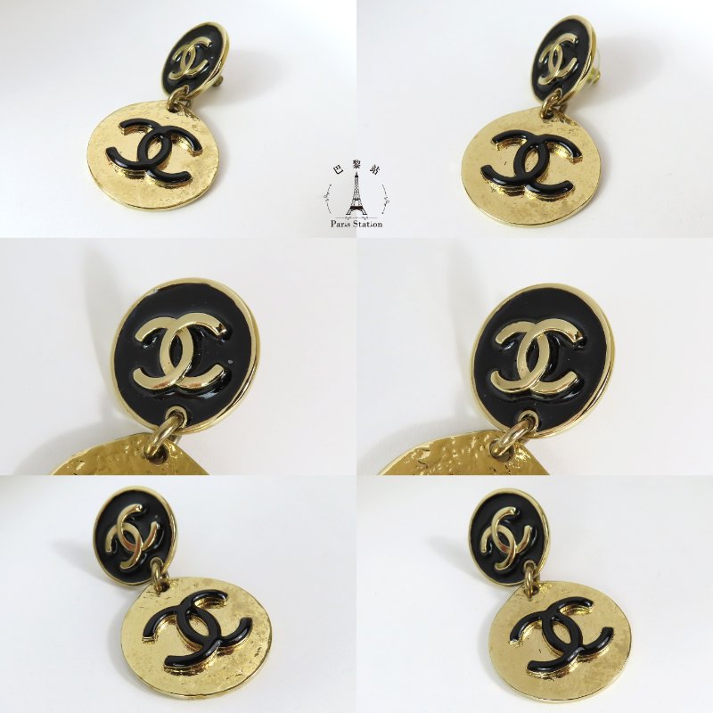【巴黎站二手名牌專賣店】＊現貨＊CHANEL 香奈兒 真品＊AB8760 黑金雙C垂墜金圓牌黑雙C耳環-1