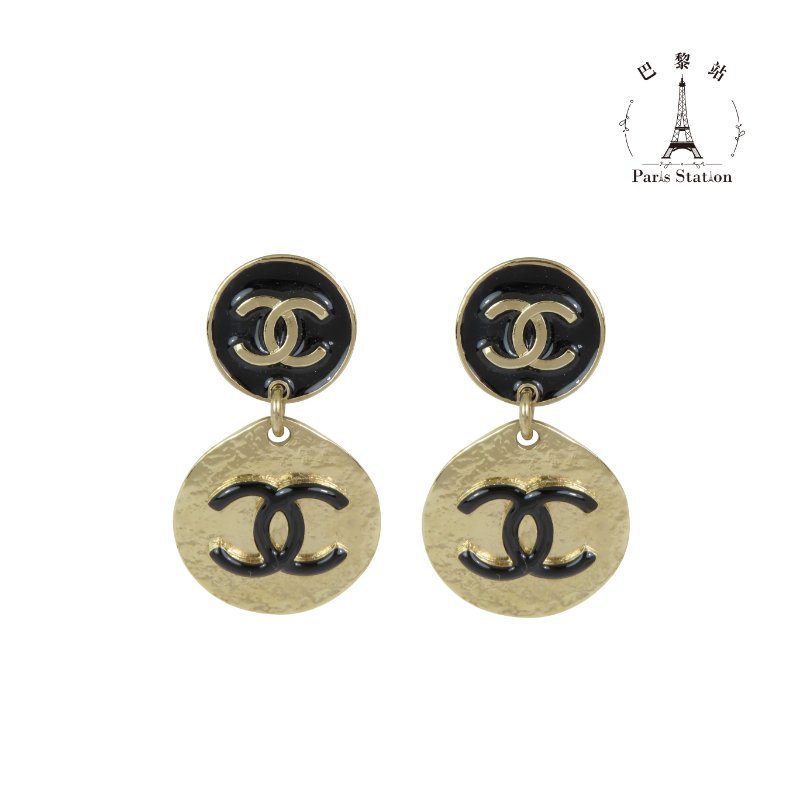 【巴黎站二手名牌專賣店】＊現貨＊CHANEL 香奈兒 真品＊AB8760 黑金雙C垂墜金圓牌黑雙C耳環-3