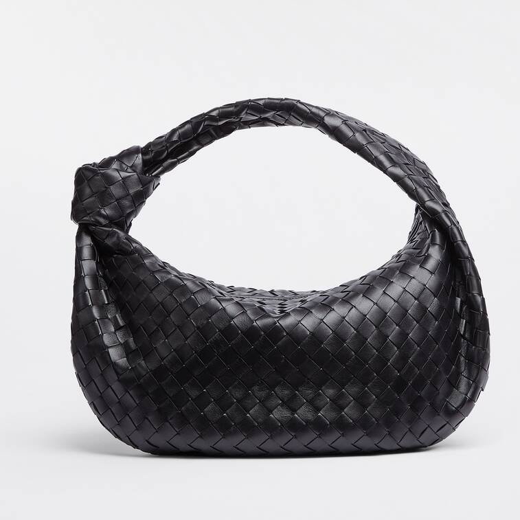 Bottega Veneta Jodie Teen 黑色小編織 皮革 金拉鍊 手提包-0