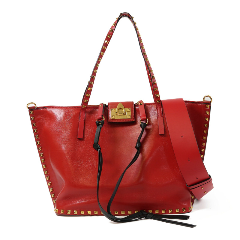 Valentino 【激減優惠】牛皮皮革2 Way Shoulder Bag金扣手挽肩背兩用袋紅色-0