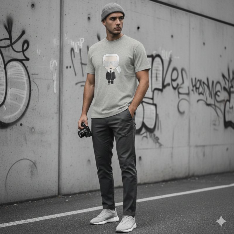 ‼️雙11限時優惠‼️ 【KARL-卡爾】銀墨鏡老佛爺印花棉質T恤 灰-0