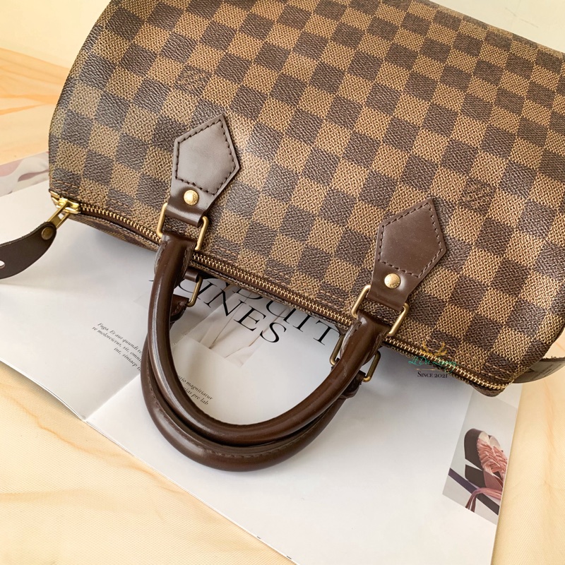 LV Speedy30 咖啡棋盤格波士頓包-8