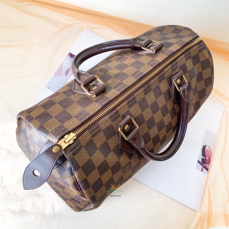 LV Speedy30 咖啡棋盤格波士頓包-9