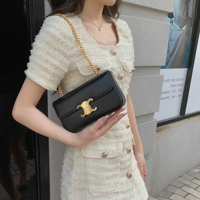 🎉新品好折扣✨Celine 115203 凱旋門標誌亮面牛皮Claude包 黑色-9