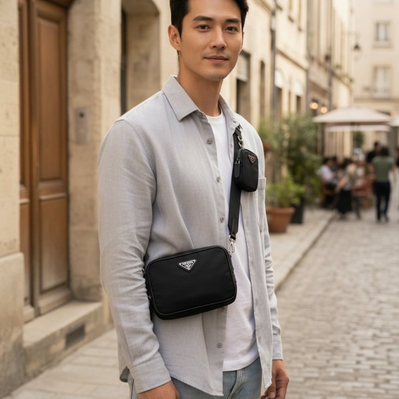 ⏰限時特賣價🌺Prada 2VH070 Saffiano 再生尼龍及 Saffiano Brique 相機包 附吊飾萬用包 黑色-1