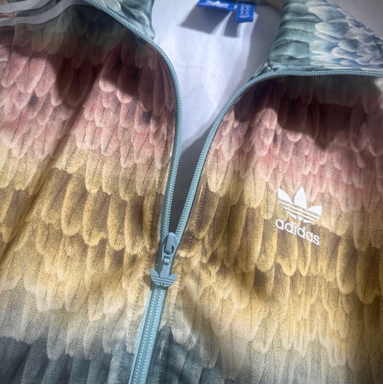 Adidas original x the farm 粉彩羽毛立領運動外套 三條紋印花夾克 女 L-4