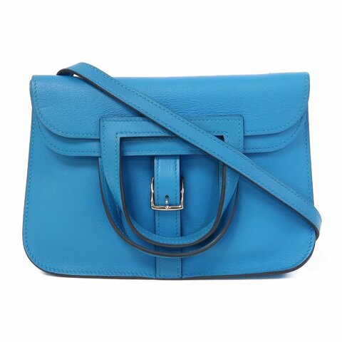 HERMES Swift皮革Mini Halzan銀扣手挽肩背兩用袋B3 Blue Zanzibar坦桑尼亞藍