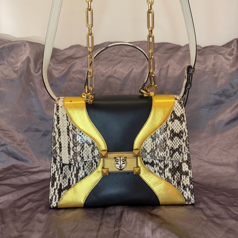 「JL精品代購」9新Gucci蟒蛇皮黑金雙色金鍊虎頭包-0
