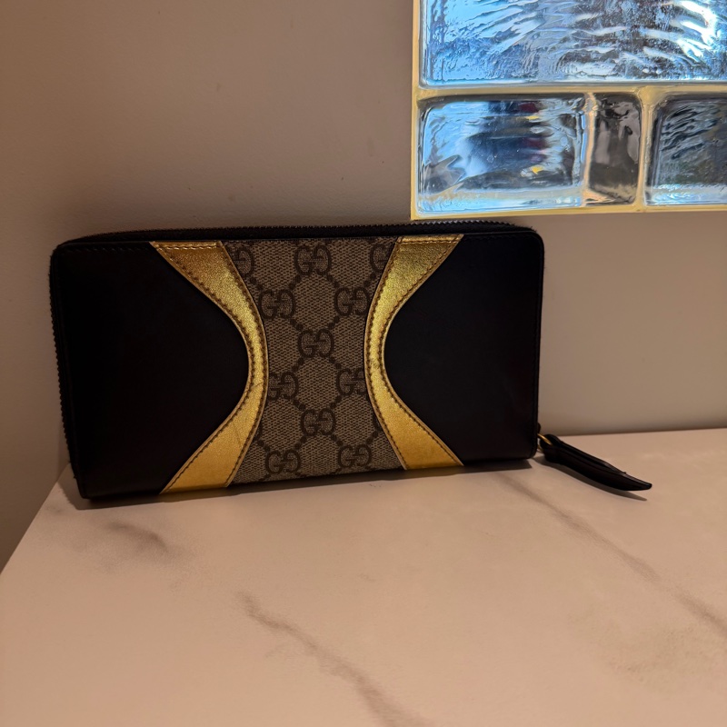 「JL精品代購」98新Gucci長夾黑金logo拼接-6