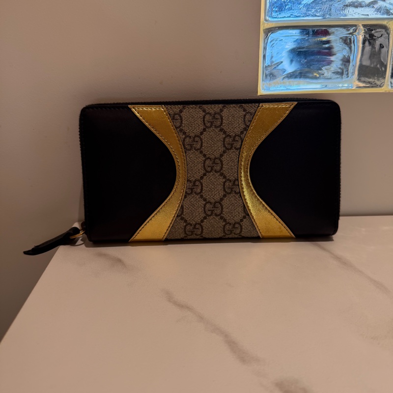 「JL精品代購」98新Gucci長夾黑金logo拼接-7