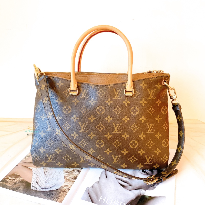 LV M40907 Pallas 咖啡字紋 x 可可色 皮革 梯形 兩用包 手提包 肩背包 側背包 公事包-0