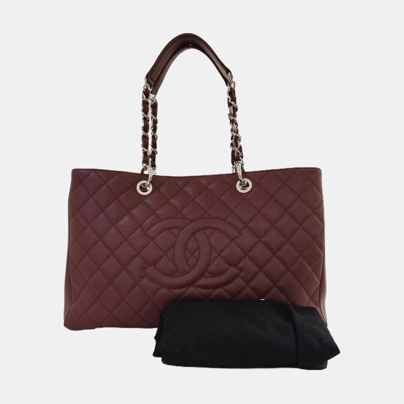 CHANEL 酒紅色 GST銀色鏈條單肩 托特包-6