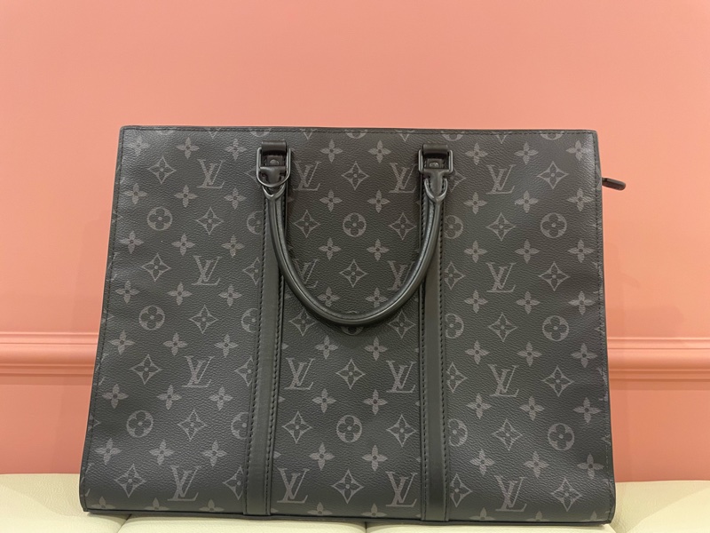 Louis Vuitton路易威登 Sac Plat Horizontal Zippe黑色老花帆布皮革拼接公事包 手提包 斜背包M45265-0