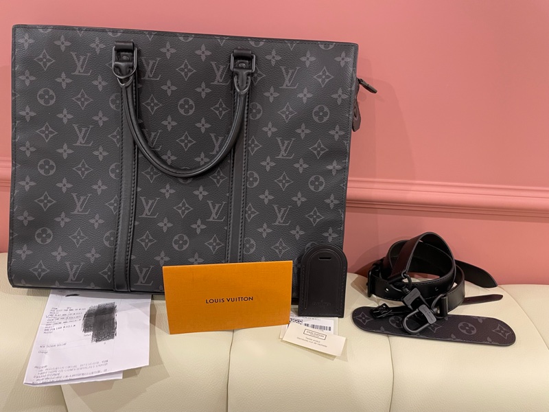 Louis Vuitton路易威登 Sac Plat Horizontal Zippe黑色老花帆布皮革拼接公事包 手提包 斜背包M45265-3
