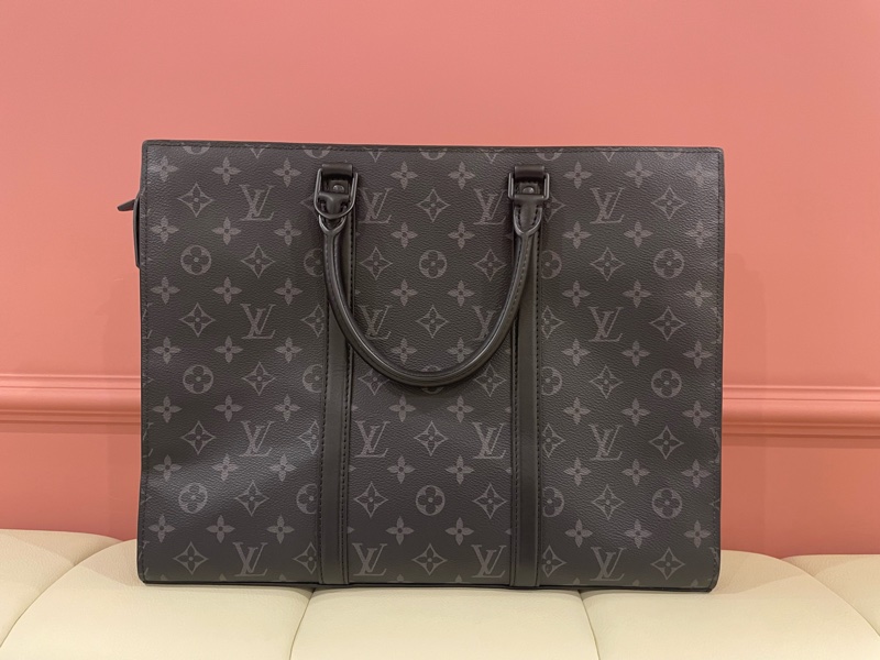 Louis Vuitton路易威登 Sac Plat Horizontal Zippe黑色老花帆布皮革拼接公事包 手提包 斜背包M45265-5