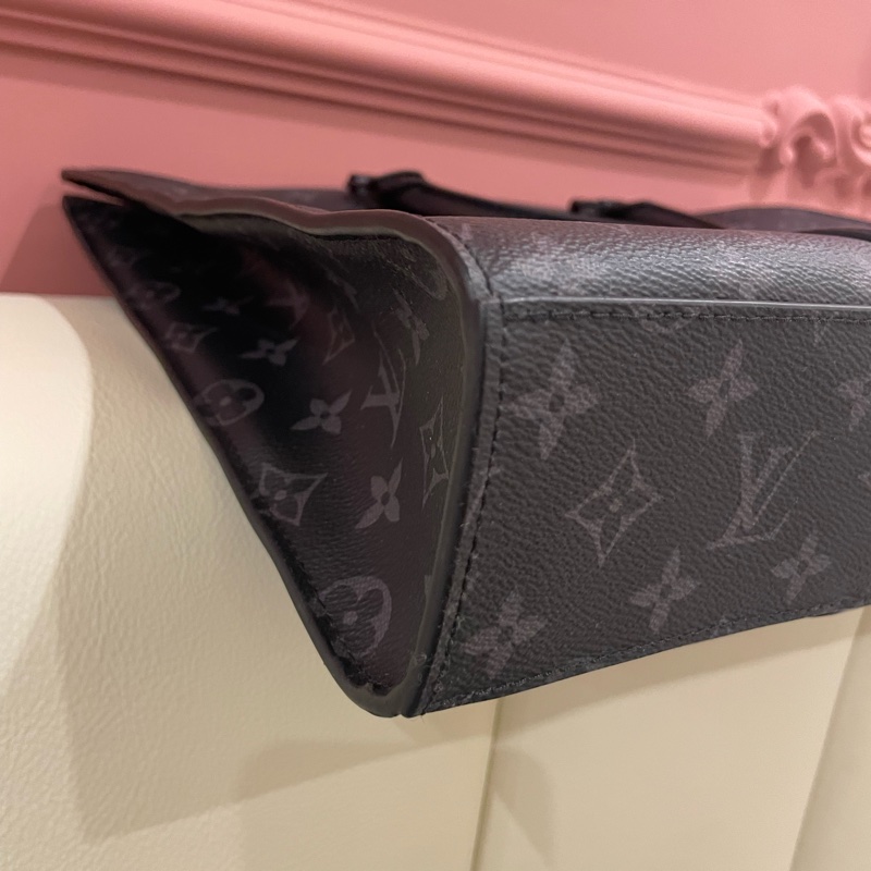 Louis Vuitton路易威登 Sac Plat Horizontal Zippe黑色老花帆布皮革拼接公事包 手提包 斜背包M45265-12