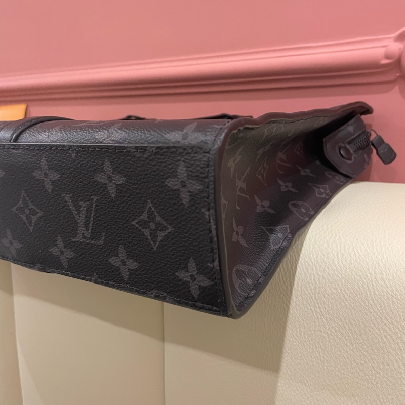 Louis Vuitton路易威登 Sac Plat Horizontal Zippe黑色老花帆布皮革拼接公事包 手提包 斜背包M45265-13