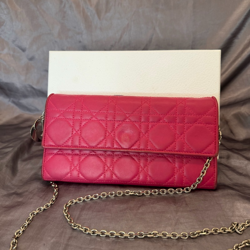 「JL精品代購」Dior 桃紅色 lady Dior 小羊皮 黛妃菱格鏈條woc （有原品牌盒子）-9