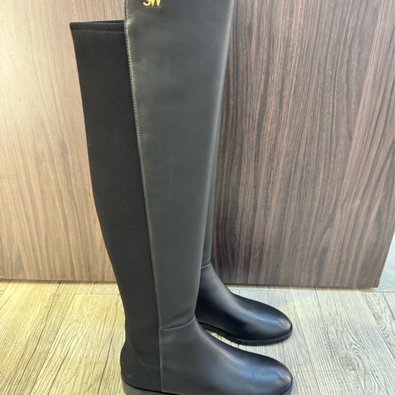 Stuart weitzman S5447 (US8黑色牛皮拼接彈力布過膝平底長靴 過膝靴 SW 美腿靴-4