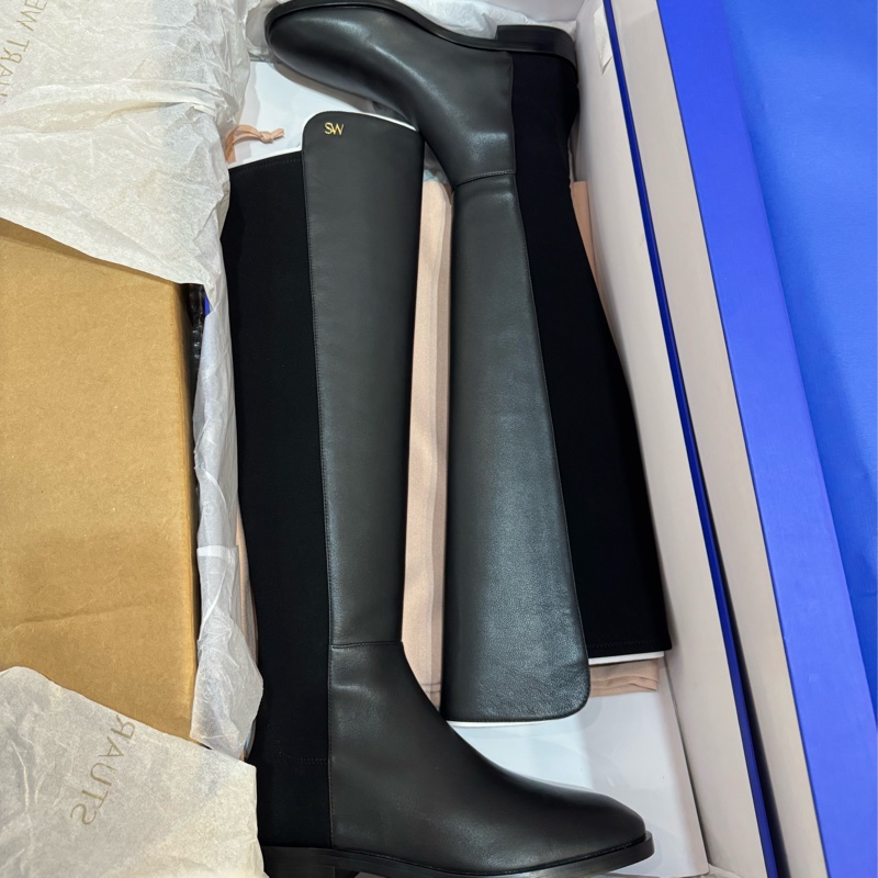Stuart weitzman S5447 (US8黑色牛皮拼接彈力布過膝平底長靴 過膝靴 SW 美腿靴-7