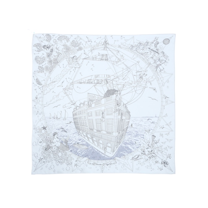 HERMES(愛馬仕) 純白色主題絲巾 白色 桑蠶絲-0