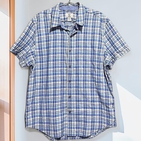 Timberland slim fit 藍格紋棉麻短袖襯衫 透氣舒適 男XL 185/120A