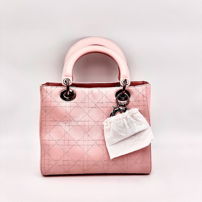 【美收精品】DIOR Lady Lambskin Pink Metal 小羊皮粉紅 手提包/肩背包 A-365-0