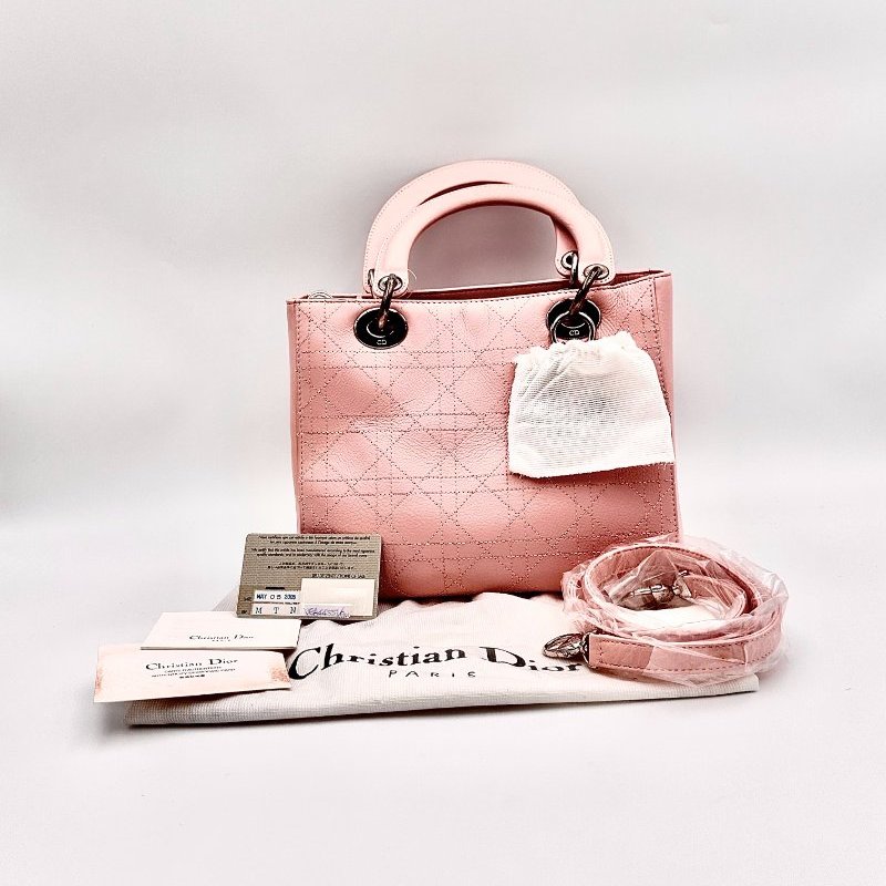 【美收精品】DIOR Lady Lambskin Pink Metal 小羊皮粉紅 手提包/肩背包 A-365-14