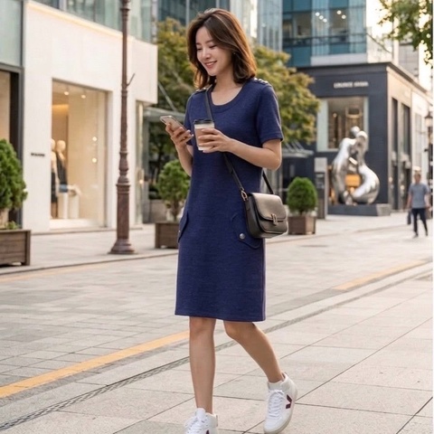 BURBERRY BRIT 肩釦格紋口袋洋裝