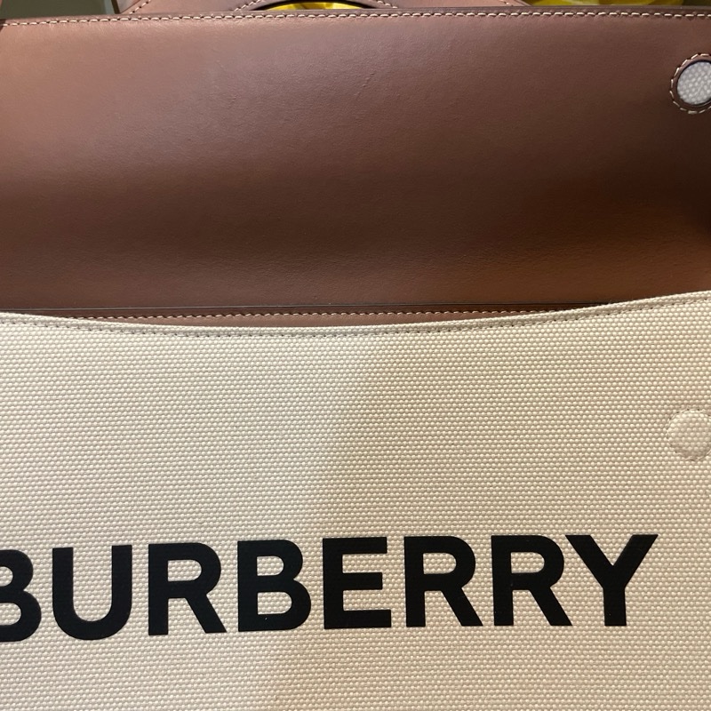 BURBERRY Pocket 大號帆布拚皮革二用口袋包 咖啡/米白 肩背包 手提包 斜背包 二手精品-11