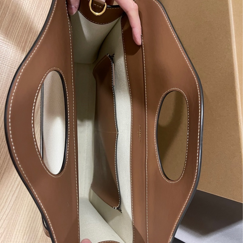 BURBERRY Pocket 大號帆布拚皮革二用口袋包 咖啡/米白 肩背包 手提包 斜背包 二手精品-12