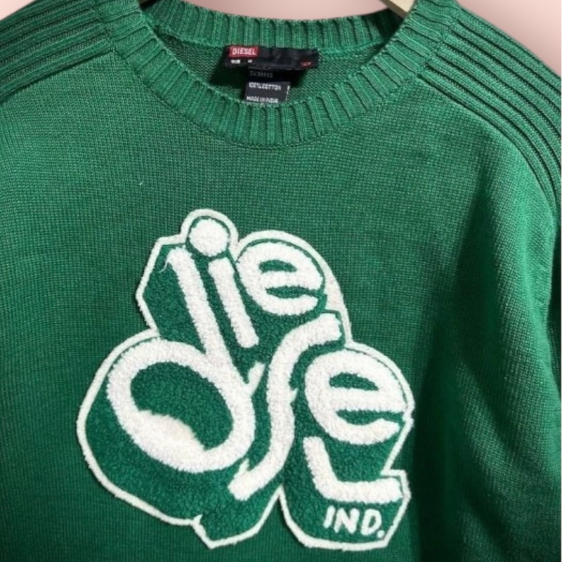 Diesel 復古落肩大布章針織衫 森綠 男女可-1