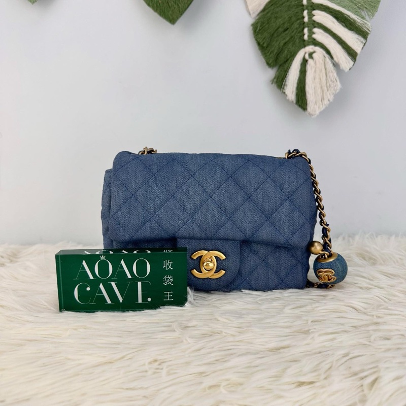 CHANEL 22c 牛仔金球方胖子 晶片款 鏈條包-0